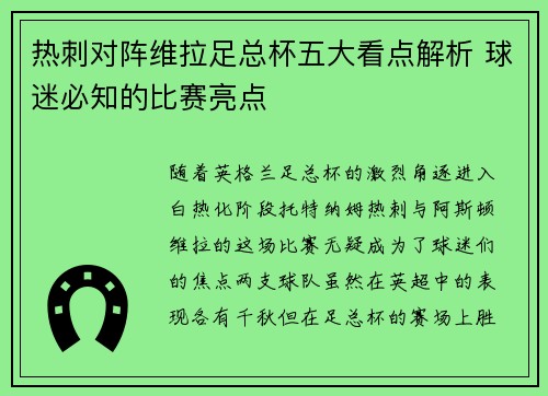 热刺对阵维拉足总杯五大看点解析 球迷必知的比赛亮点